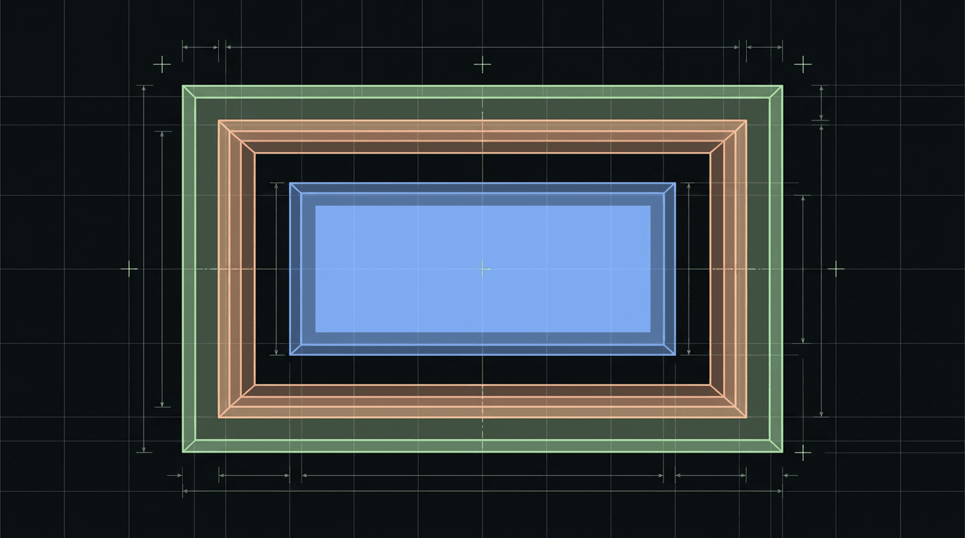 Three nested boxes in the CSS box-model colours: a blue content box inside a salmon padding ring inside a green margin ring, drawn with dimension lines on a measuring grid.