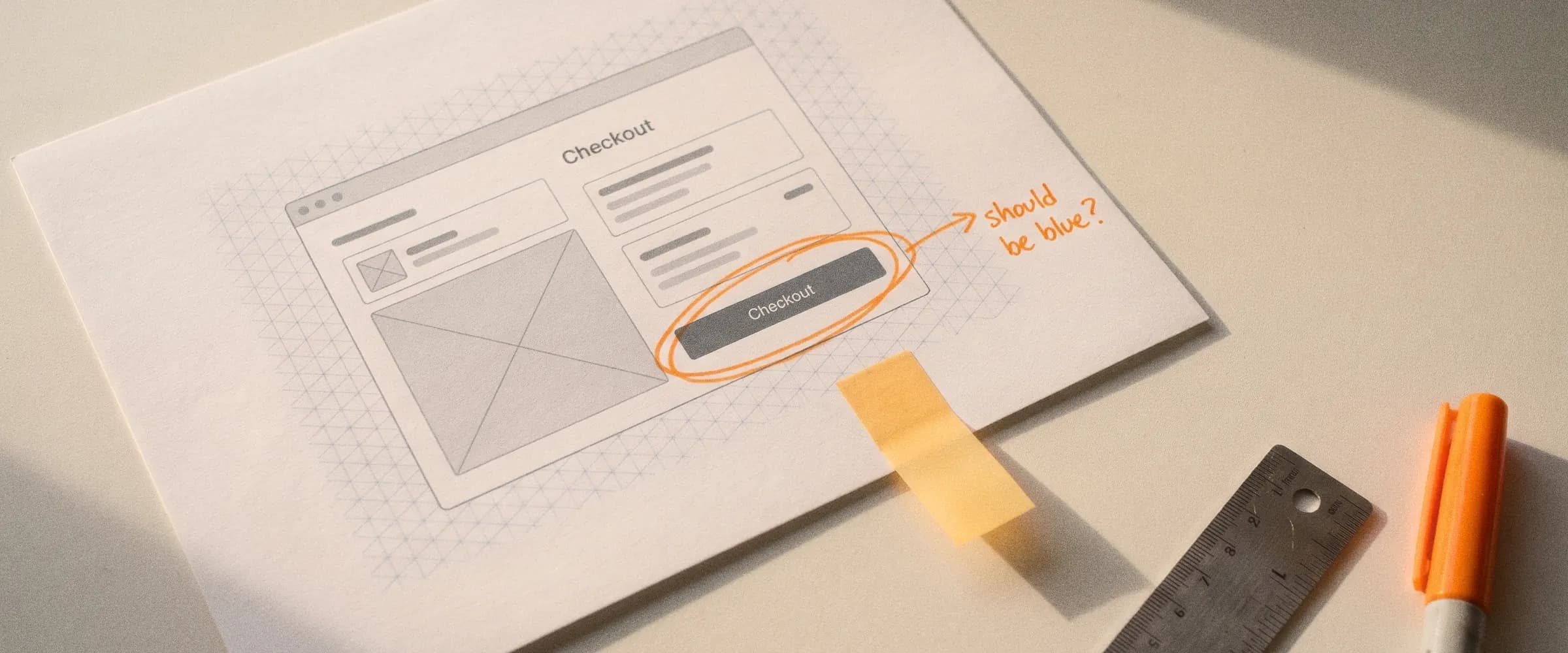 A printed checkout page on a drafting table, its grey button circled in orange pen with the note 'should be blue?', a sticky note, a steel ruler and an orange marker beside it.