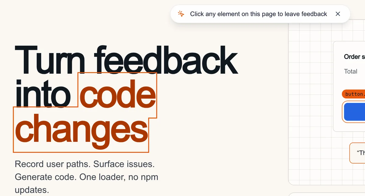 The live widget in picking mode on this page: a banner reads 'Click any element on this page to leave feedback' and an orange selection box outlines the words 'code changes'.